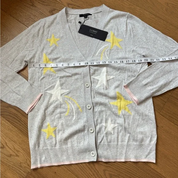 Lusso Cotton-Cashmere Blend Cardigan - Gray, Yellow & White - Size L - NWT - Picture 6 of 9